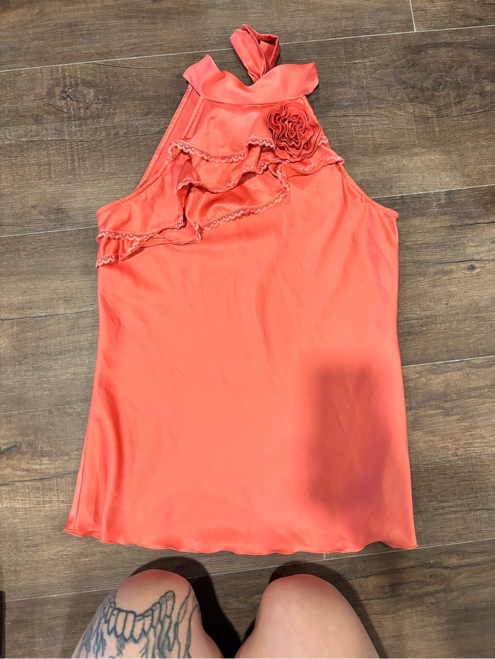 Vtg Y2K B Wear Byer Cali Coral Satin Sleeveless Halter Top Sz M Rosette & Lace